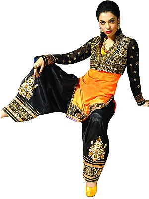 Orange and Black Zari-Embroidered Salwar Kameez Suit with Stone-work and Bolero Jacket