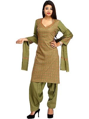 Olive-Green Sozni Hand-Embroidered Salwar Kameez Suit from Kashmir
