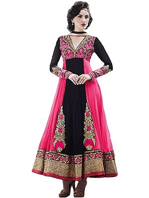 Pink and Black Designer Anarkali Suit with Zari Floral-Embroidery and Wide Patch Border