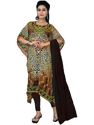 Mink-Brown Chudidar Kaftan Suit with Printed Leopard Spots and Stone-work on Neck