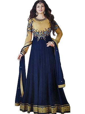 Golden and Blue Ayesha Designer Anarkali Suit with Floral-Embroidery and Crystals