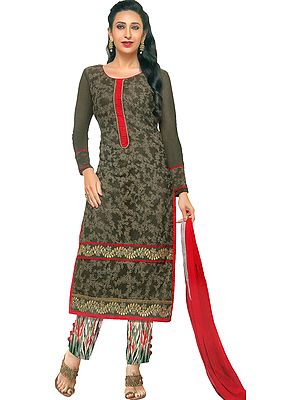 Chocolate-Brown Trouser-Salwar Kameez Suit with Aari Embroidered Florals and Beads