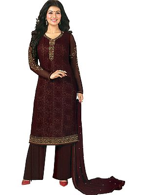 Oxblood-Red Ayesha Printed Palazzo Salwar Kameez Suit with Floral Embroidery and Crystals