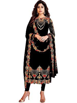 Shamita Shetty Long Choodidaar Salwar Kameez Suit with Zari-Embroidered Florals and Crystals