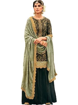 Phantom-Black Pakistani Salwar-Kameez Suit with Zari Embroidery and Woven Motifs All-Over