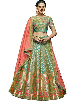 Rama-Green Brocaded Lehenga in Multicolor Thread Weaving with Embroidered Choli and Peach Dupatta