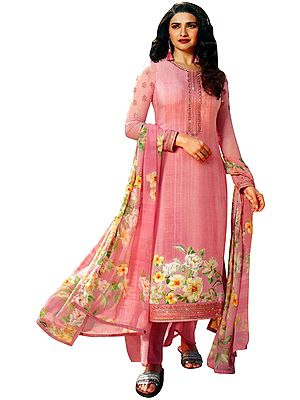 Quiet-Pink Digital Printed Palazzo Lawn Salwar- Kameez Suit with Chiffon Dupatta