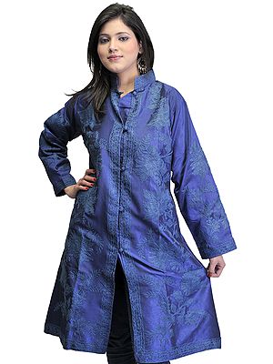 Slate-Blue Long Kashmiri Jacket with Aari Embroidered Flowers in Self Color Thread