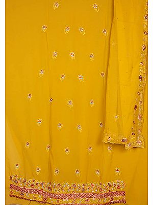 Old-Gold Suit with Parsi-Embroidered Bootis and Gota Work