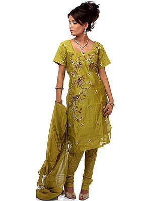 Moss-Green Chanderi Suit with Floral Embroidery and Sequins