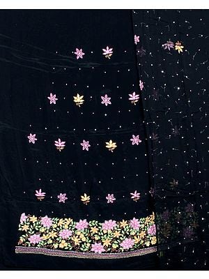 Black Salwar Kameez Fabric from Lucknow with Floral Embroidery and Beads
