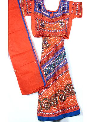 Orange and Blue Lehenga Choli with Large Sequins and Threadwork