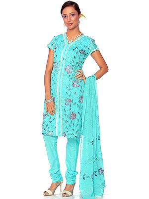 Cyan-Blue Salwar Kameez Suit with Printed Flowers and Embroidered Chakras