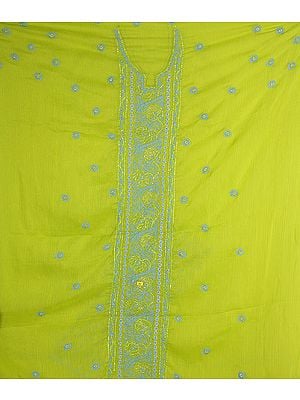Lime Green Chikan Embroidered Salwar Kameez Fabric from Lucknow with Beadwork