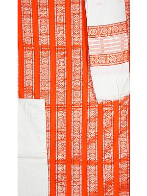 Orange Bomkai Salwar Suit Fabric from Orissa with Konark Wheel Woven by Hand