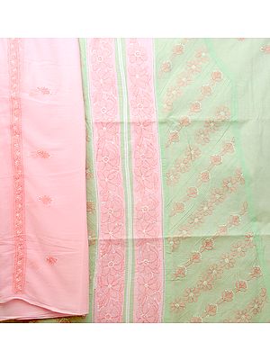 Pink and Green Salwar Kameez Fabric with Lukhnavi Chikan Embroidery