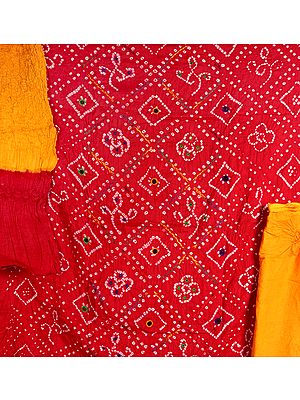 Red Bandhani Tie-Dye Salwar Kameez Fabric from Gujarat with Mirrors