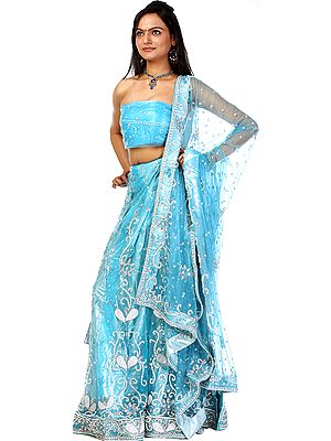 Sky-Blue Bridal Lehenga Choli with Hand-Embroidered Beads and Sequins