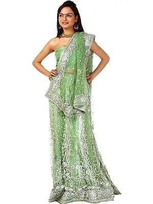 Tea-Green Bridal Lehenga Choli with Hand-Embroidered Beads and Sequins
