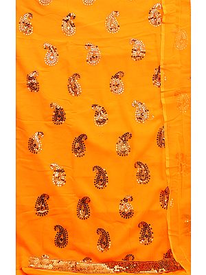 Burnt-Orange Salwar Kameez Fabric with Crewel Embroidered Paisleys