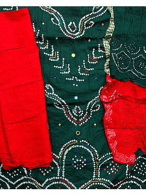 Green and Red Bandhani Tie-Dye Suit from Gujarat