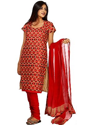 Khaki and Red Phulkari Suit from Punjab