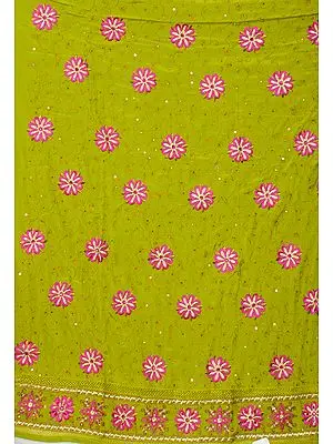 Chartreuse-Green Salwar Kameez Fabric with Floral Aari Embroidery