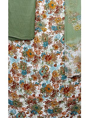 White Salwar Kameez Suit Fabric with Printed Flowers