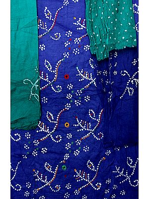 Orient Blue and Green Bandhani Tie-Dye Salwar Kameez Suit from Gujarat with Mirrors