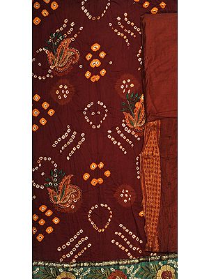 Brown Bandhani Tie-Dye Suit from Gujarat with Crewel Embroidery and Patch Border