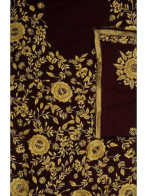 Cordovan Phulkari Salwar Kameez Fabric with Sequins and Hand-Embroidered Flowers