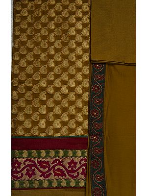 Mustard Banarasi Brocaded Salwar Kameez Fabric with Brocaded Circles and Patch Border