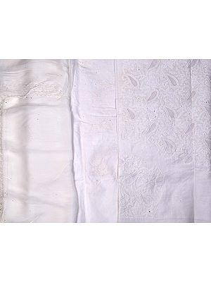 Chic-White Chikan Salwar Kameez Fabric from Lucknow with Hand-Embroidered Paisleys