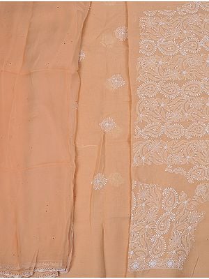 Peach Chikan Salwar Kameez Fabric from Lucknow with Hand-Embroidered Paisleys