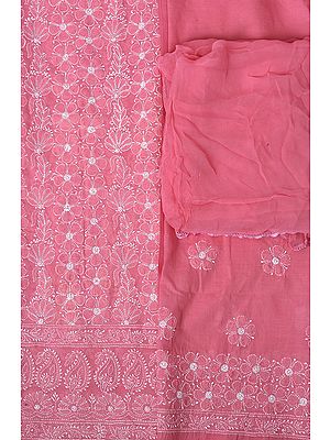 Desert-Rose Salwar Kameez Fabric from Lucknow with Chikan-Embroidered Flowers by Hand