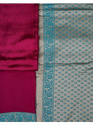 Iceberg-Green and Purple Banarasi Salwar Kameez Fabric with All-Over Woven Flowers