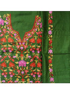 Dill-Green Salwar Kameez Fabric from Kashmir with Aari Embroidered Flowers by Hand