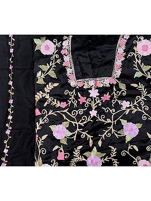 Black Salwar Kameez Fabric from Kashmir with Aari Embroidered Flowers