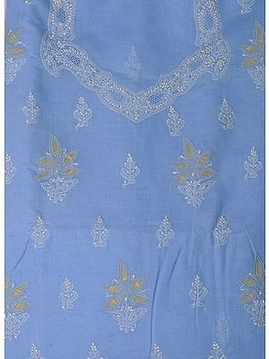 Placid-Blue Salwar Kameez Fabric with Lukhnawi Chikan Embroidery by Hand