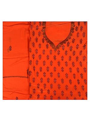 Mandarin-Orange Salwar Kameez Fabric from Kashmir with Sozni Embroidery by Hand