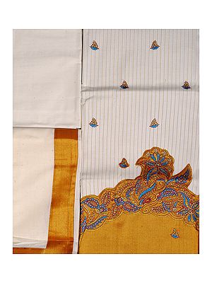 Antique-White Kasavu Salwar Kameez Fabric from Kerala with Patch Work