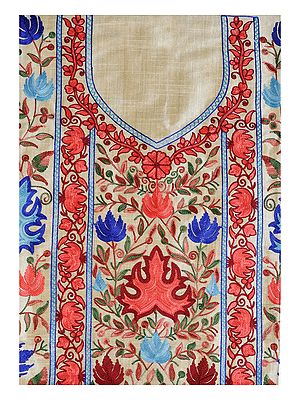 Biscotti-Beige Salwar Kameez Kashmiri Fabric with Crewel Embroidered Maple Leaves