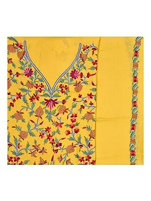 Yellow Salwar Kameez Kashmiri Fabric with Floral Aari Embroidery by Hand