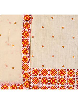 Beige Phulkari Salwar Kameez from Punjab Fabric with Crewel Embroidery