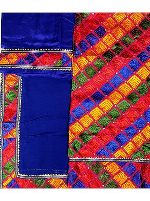 Brilliant-Blue Phulkari Hand-Embroidered Salwar Kameez Fabric from Punjab with Gota Border