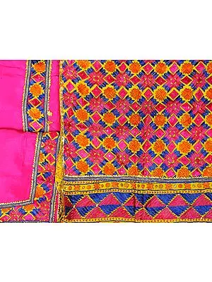 Fuchsia-Rose Phulkari Hand-Embroidered Salwar Kameez Fabric from Punjab with Gota Border
