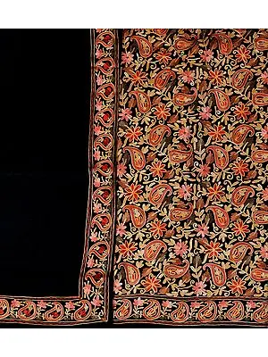 Jet-Black Salwar Kameez Fabric from Amritsar with Embroidered Flowers All-Over