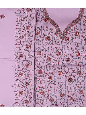 Moonlite-Mauve Salwar Kameez Fabric from Kashmir with Sozni Embroidered Flowers by Hand