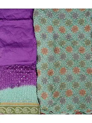 Fair-Green and Purple Bandhani Tie-Dye Salwar Kameez Fabric from Gujarat with Woven Flowers in Golden Thread