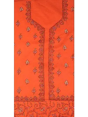 Burnt-Ochre Salwar Kameez Fabric from Kashmir with Sozni Embroidered Maple Leaves by Hand